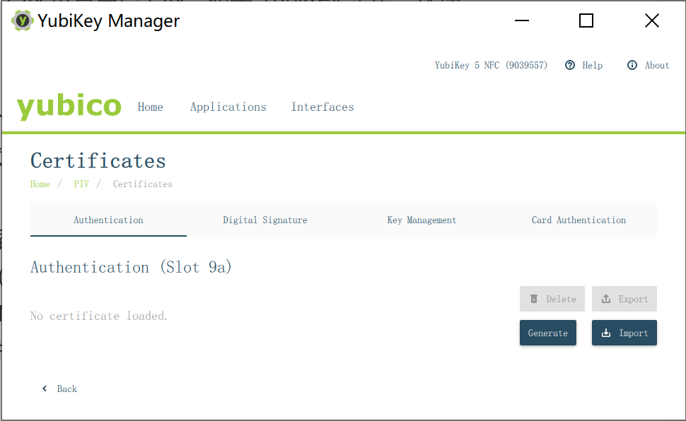 YubiKey Manager / PIV / Certificates